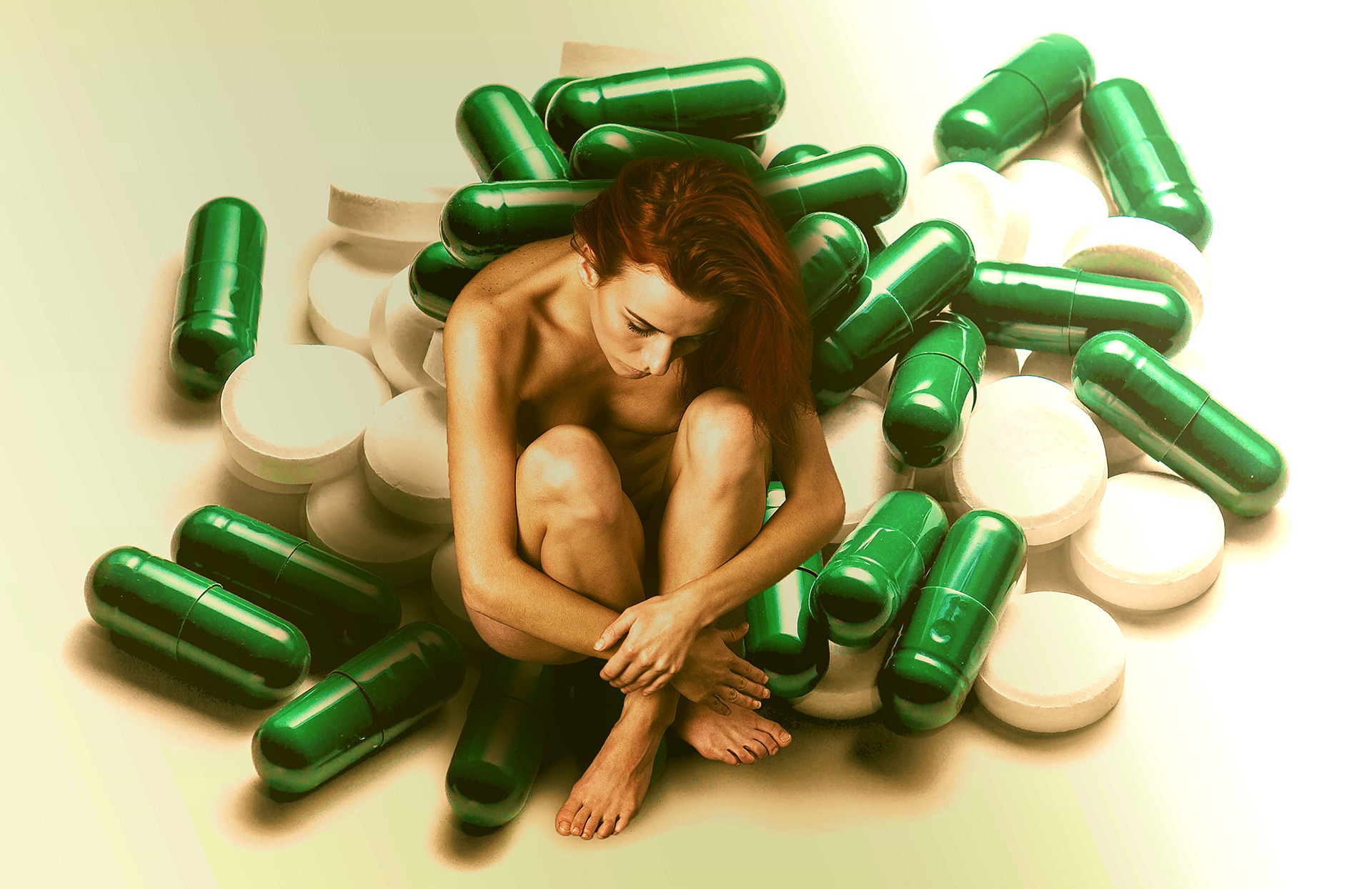 naked woman sitting with meds