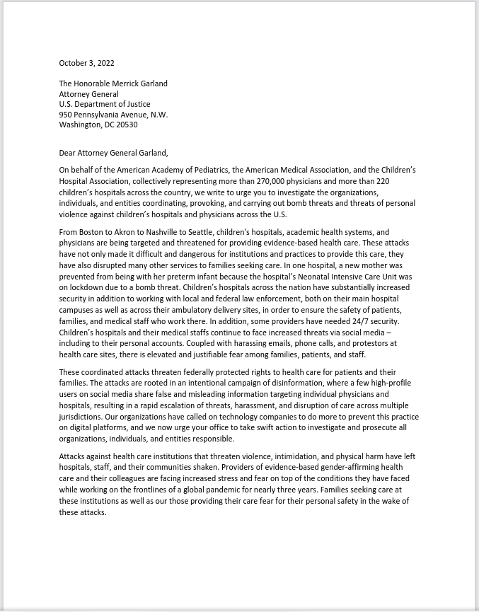Letter from AAP, AMA and CHA to US DoJ