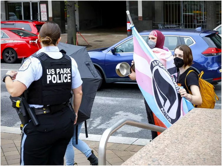  Transgender rights activists protest at Freedom Plaza on June 23, 2022 in Washington, D.C. A separate collection of transgender rights groups plans to hold a rally in the capital on Saturday. Getty Images/Anna Moneymaker